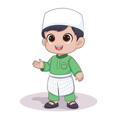 Muslim boy, wearing a skullcap and sarong in Muslim clothing standing smiling and waving