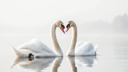 Obraz premium Two white swans swimming on a lake in winter. Beautiful couple of swans on the water.