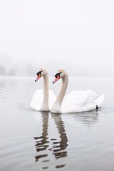 two swans swimming in the lake on a misty day.