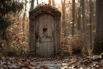 Old wooden door in the forest with rose petals and ivy
