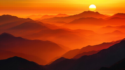 Layers of mountains are silhouetted against a fiery orange sunset creating a dramatic and breathtaking landscape. - Powered by Adobe