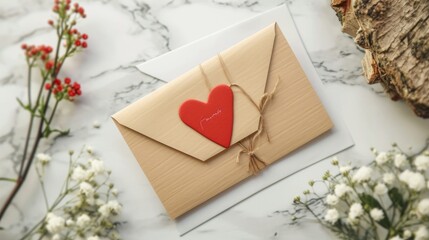 Gift box with red heart and dried flowers on white background. Valentine's day concept.