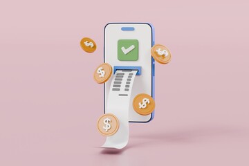 3d minimal pay money with mobile phone banking online payments icon concept. Easy e bill payment transaction on smartphone. Mobile with financial paper bill payment. graphic element icon. 3d rendering