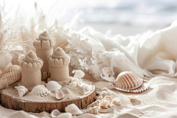 Fototapeta na wymiar Sand castle with seashells on the beach. Summer vacation concept