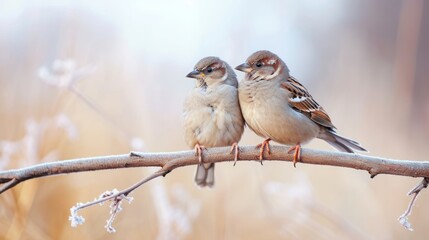 Two sparrows sitting on a branch on a white background.