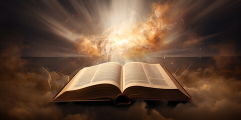Open bible with sunlight's An open book bathes darkness in golden knowledge light. - obrazy, fototapety, plakaty