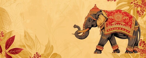 An ornately decorated elephant in traditional attire for a cultural festival in Asia