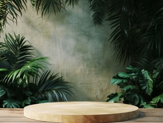 round wooden podium or pedestal for display product cosmetic beauty jewelry. natural minimal luxury design backdrop