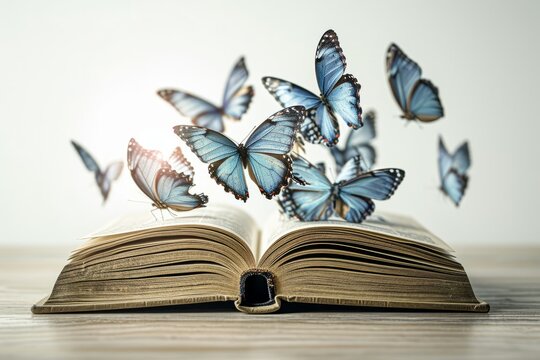 Butterflies flying out of an open book. Conceptual image.