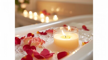 Aromatherapy bath with rose petals and a burning candle