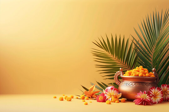 Marigold flowers in traditional Indian pot kalash on orange background with copy space. Hindu Puja. Festival Vishu celebration. Greeting card or banner for holiday Ugadi or Gudi Padwa Hindu New Year