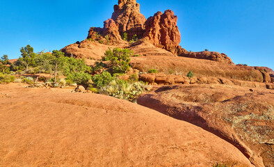 Sedona Red Rock Spires and Desert Flora Under Blue Sky