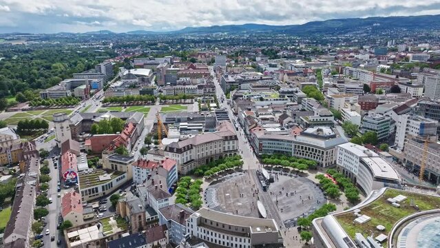Aerial drone view of K&ouml;nigsplatz in Kassel , Germany . It is a round square in the center of Kassel . Today it is part of the pedestrian zone in the city center.