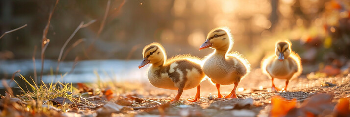 ducklings walk under the sun on the farm .  - obrazy, fototapety, plakaty