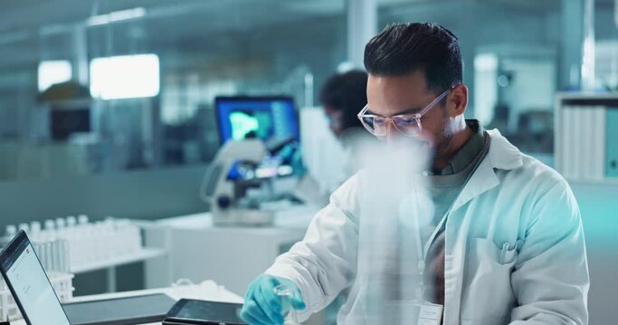Scientist, beaker and chemical with laptop in laboratory for chemistry experiment, test sample and medical research. Science, man and liquid inspection for clinical study, investigation and happy
