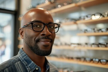 Obraz premium Handsome senior african american man choosing eyeglasses frame in optical store