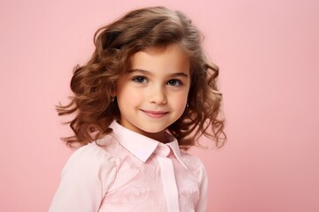 Portrait of a cute little girl with curly hair on a pink background.