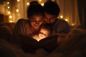 Family Bonding Time with a Bedtime Story Under Soft Fairy Lights