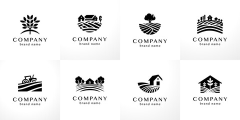 Stylish flat minimalistic logo design collection: modern graphic elements with abstract farm (outline shapes) in black and white for agriculture and farm organic products in vector set