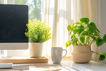 Minimalist Scandinavian Interior Home Office Room, Home Workstation Table Chair, Desk and Frame Interior Home living Room, Minimalist Scandinavian Plants Vase with screen the front of window sunlight