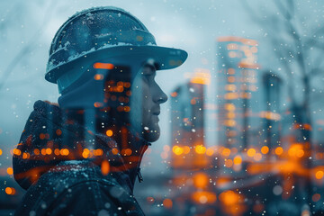 Double exposure of a constructor with cityscape, blending work and urban life