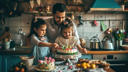 Happy Birthday To You: Celebrating in the Comfort of Home, Selective Focus on the Birthday Cake Captures the Joy of a Family, Where Parents and Kid Share Heartwarming Moments Together.




