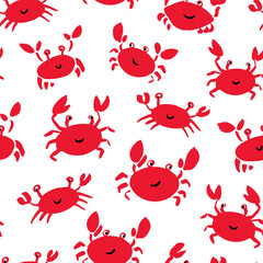 Seamless vector repeat pattern with happy crabs with cute faces on white background. Coastal, swim, poolside, crab seafood restaurant backdrop