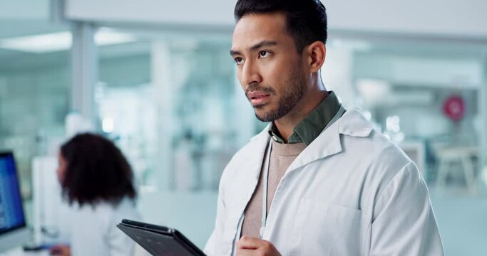 Man, thinking or scientist with tablet in laboratory or medical research of genetics in healthcare. Asian doctor, reading or idea on digital pharmaceutical database or medicine breakthrough on tech