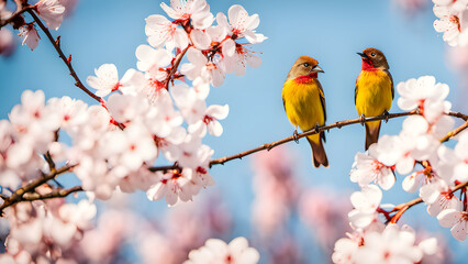 bird with pink cherry blossoms and nice sky