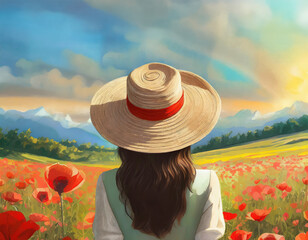 Lady with Hat in a Field of Poppies