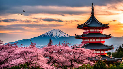 Mountain Fuji and Chureito red pagoda with cherry blossom sakura - 729704082