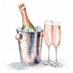 Watercolor clipart with bottle of champagne in a backet with ice