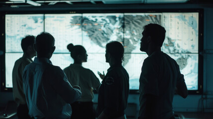 Fototapeta premium A group of crew members standing in front of a damage control chart attentively discussing and planning for various emergency scenarios.