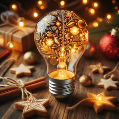 Vintage Decorative Glowing Lit Electric Light Bulb with Fancy Winter Snowy Decoration Inside....