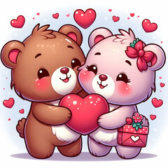 A cute cartoon couple of bears in love with heart for Valentines day greeting card, clipart