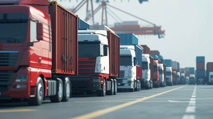 A long line of trucks waiting to transport containers from the port to their final destination representing the local economic impact of containerization on transportation