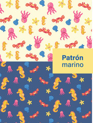 Patrón infantil de animales marinos, beige y azul. Vector pulpo, caballito de mar, cangrejo, estrella de mar y conchas
