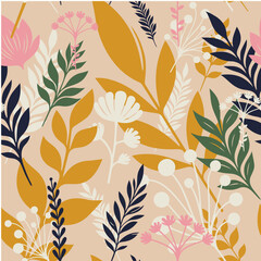 Seamless pattern. Plants and flowers. Fabric for bed linen.