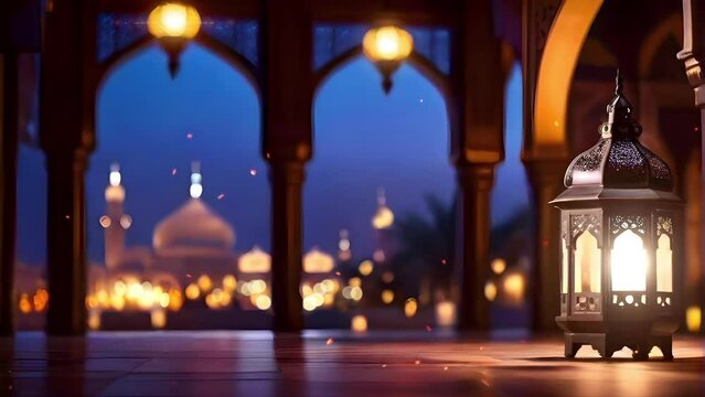 Beautiful islamic blurred background with a shining ramadan lantern. Free space for your text