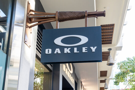 Honolulu, HI,  USA - January 14, 2024: Close-up of Oakley hanging logo sign at their showroom in a shopping mall in Waikiki, Hawaii. Oakley is a Manufacturer of sports eyewear.