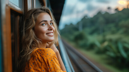 A happy smiling woman looks out from window traveling by train on the most picturesque train road...