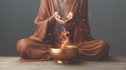 Mystical shaman woman burning holy medical herbs in a bowl. Spiritual herbalist, energy medicine concept. Metaphysical poster, magical mystic smoke and fire. Sacred mysterious oracle priestess - obrazy, fototapety, plakaty