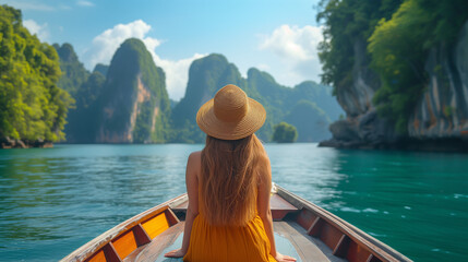 Happy young woman tourist with a hat on the longtail boat at Lake Khao Sok Thailand