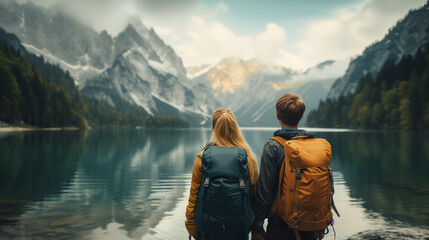 a couple of men and a woman at a mountain lake in , a man and a woman hiking in nature with a backpack - obrazy, fototapety, plakaty