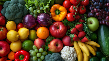 top view of fresh fruits and vegetables background, colorful fruit and veggies