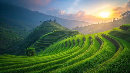rice field curve terraces at sunrise time, natural background of nature, green rice paddy curves