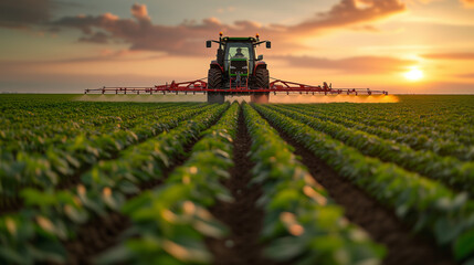 Fototapeta premium Tractor spraying pesticides in farmland field during springtime
