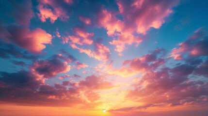 Naklejka na ściany i meble Real majestic sunrise sundown sky background with gentle colorful clouds without birds