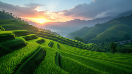 Obraz premium rice field curve terraces at sunrise time, natural background of nature, rice field at sunset hour