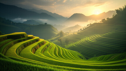 rice field curve terraces at sunrise time, natural background of nature, rice paddy field at sunrise with fog